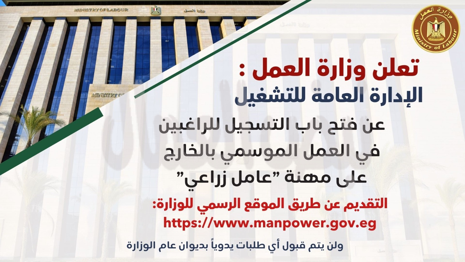 وزارة العمل تعلن فتح باب التسجيل على فرص عمل للشباب بالخارج..