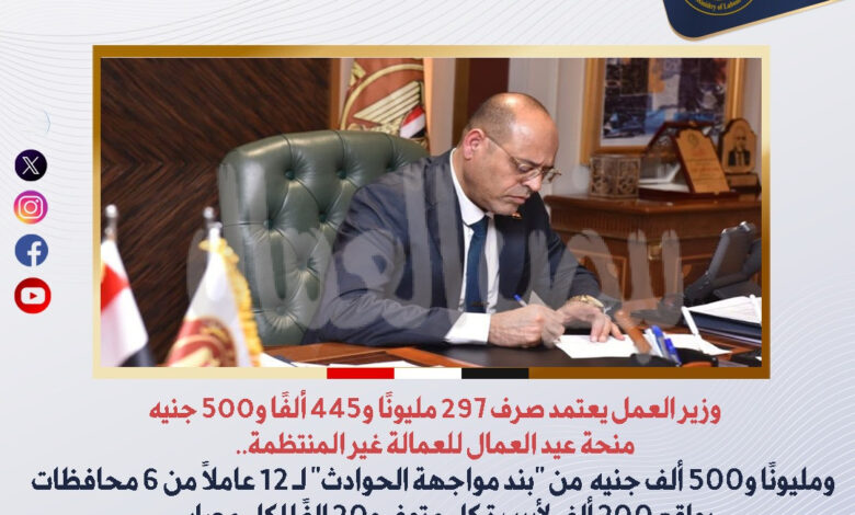 وزير العمل يعتمد صرف 297 مليونًا و445 ألفًا و500 جنيه منحة عيد العمال للعمالة غير المنتظمة..